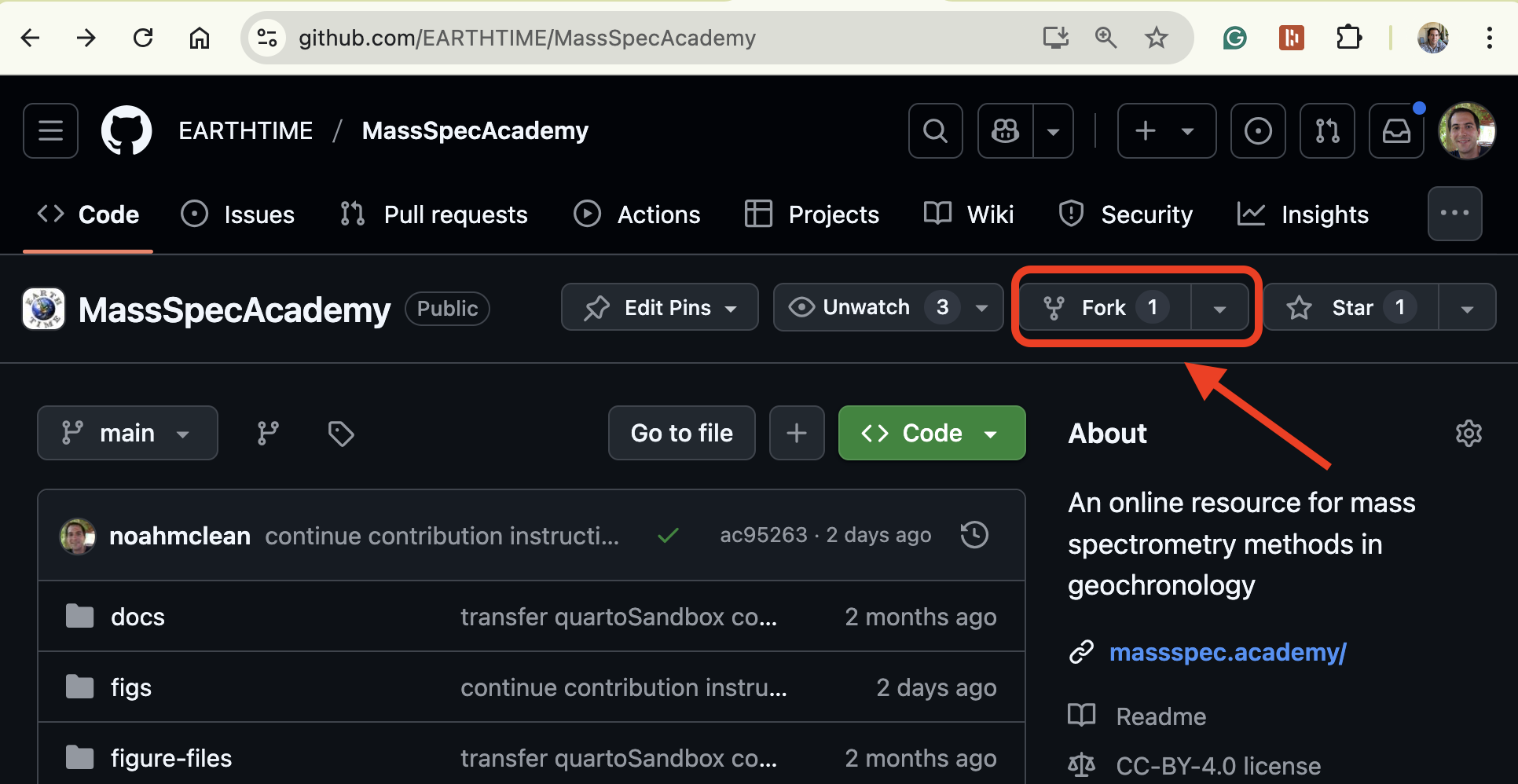 GitHub screenshot with fork button highlighted